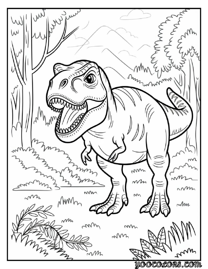 T-Rex Coloring Pages: Top 20 Printable Designs for Kids and Adults 13 T rex coloring pages T Rex in a forest habitat pdf
