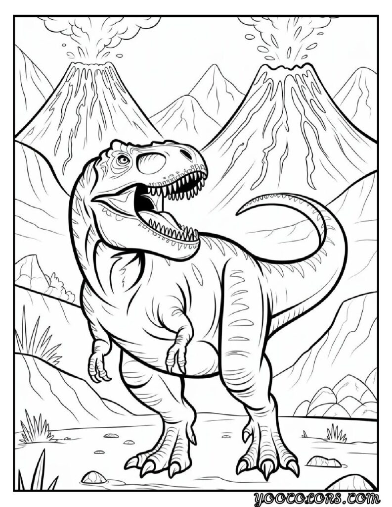 T-Rex Coloring Pages: Top 20 Printable Designs for Kids and Adults 7 T rex coloring pages T Rex in volcanic background pdf