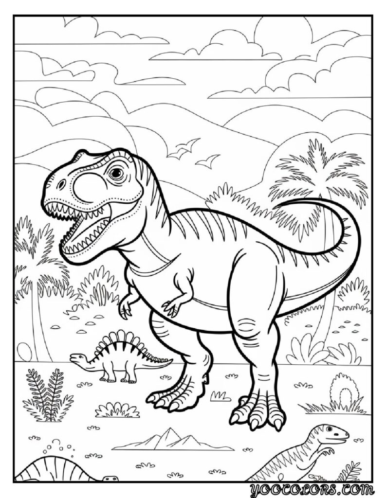 T-Rex Coloring Pages: Top 20 Printable Designs for Kids and Adults 2 T rex coloring pages T Rex with other dinosaurs pdf