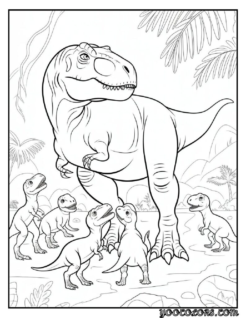 T-Rex Coloring Pages: Top 20 Printable Designs for Kids and Adults 20 T rex coloring pages t Rex with babies scene pdf