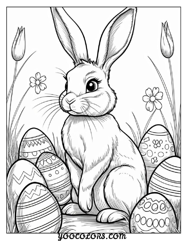 Bunny Coloring Page: Free Printable Cute, Realistic, and Easter-Themed Sheets for All Ages 6 bunny coloring page The Easter Bunny with Eggs shows a bunny surrounded by decorated eggs pdf