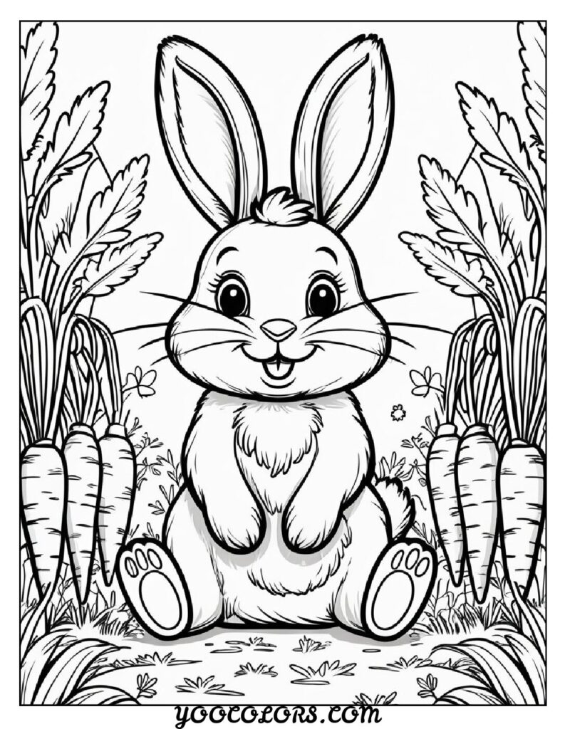 Bunny Coloring Page: Free Printable Cute, Realistic, and Easter-Themed Sheets for All Ages 7 bunny coloring page The bunny and carrot patch shows a bunny surrounded by growing carrots pdf