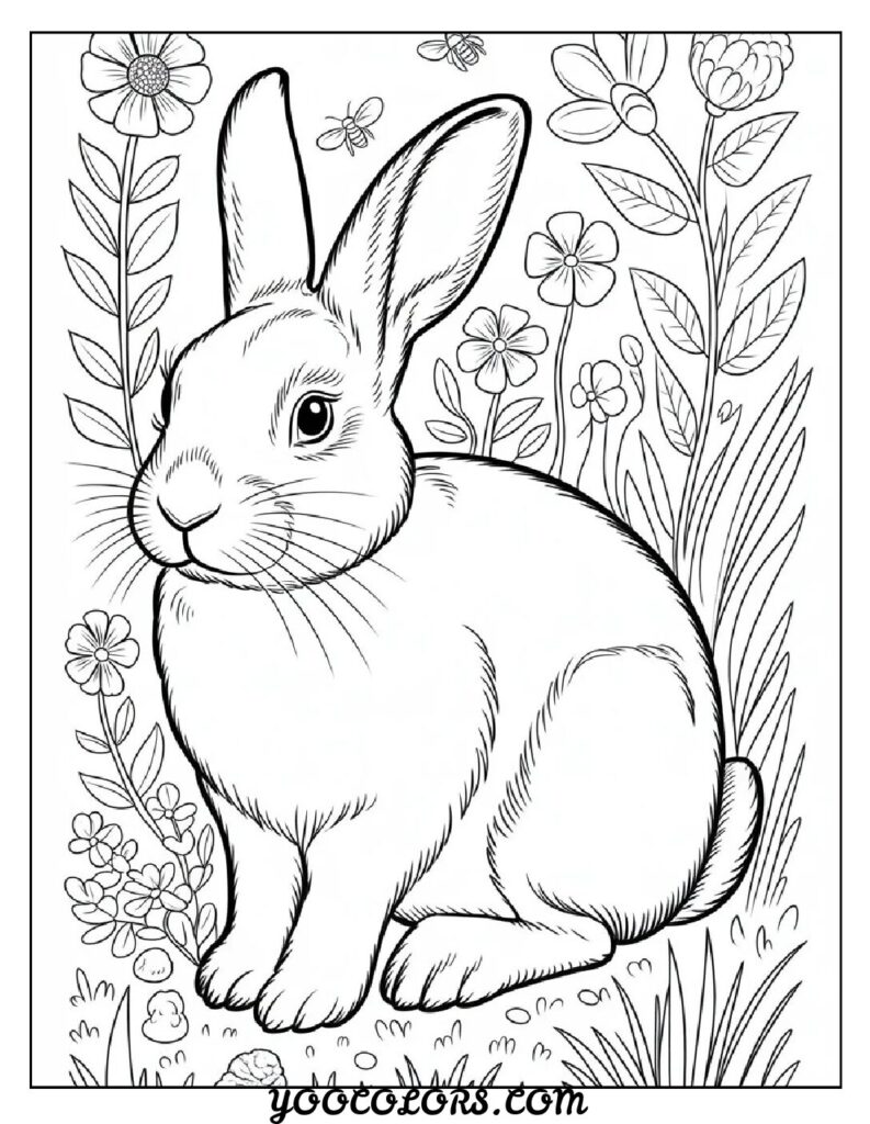 Bunny Coloring Page: Free Printable Cute, Realistic, and Easter-Themed Sheets for All Ages 3 bunny coloring page The realistic rabbit in garden surrounded by plants and flowers pdf