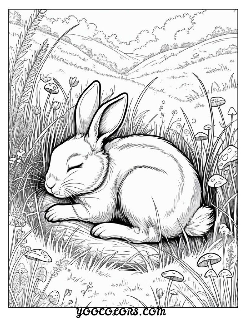 Bunny Coloring Page: Free Printable Cute, Realistic, and Easter-Themed Sheets for All Ages 5 bunny coloring page The sleeping bunny in meadow shows a peaceful bunny resting among soft grass and gentle flowers pdf