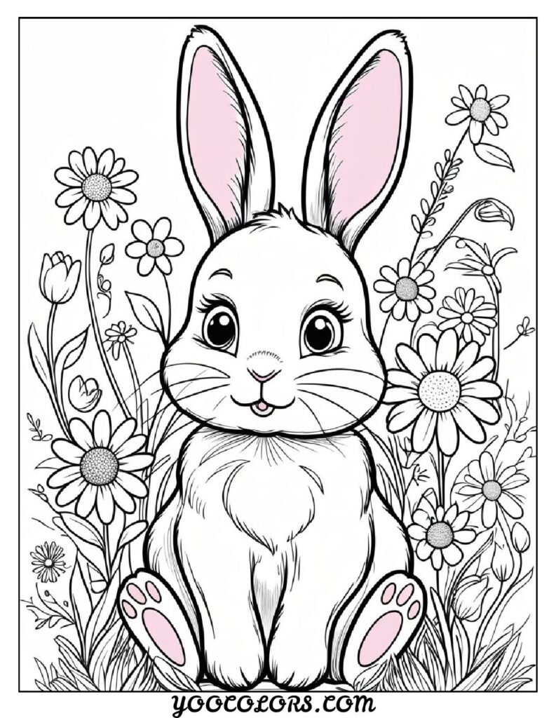 Bunny Coloring Page: Free Printable Cute, Realistic, and Easter-Themed Sheets for All Ages 10 bunny coloring pages Baby bunny with flowers feature a small gentle bunny surrounded by blooming flowers pdf