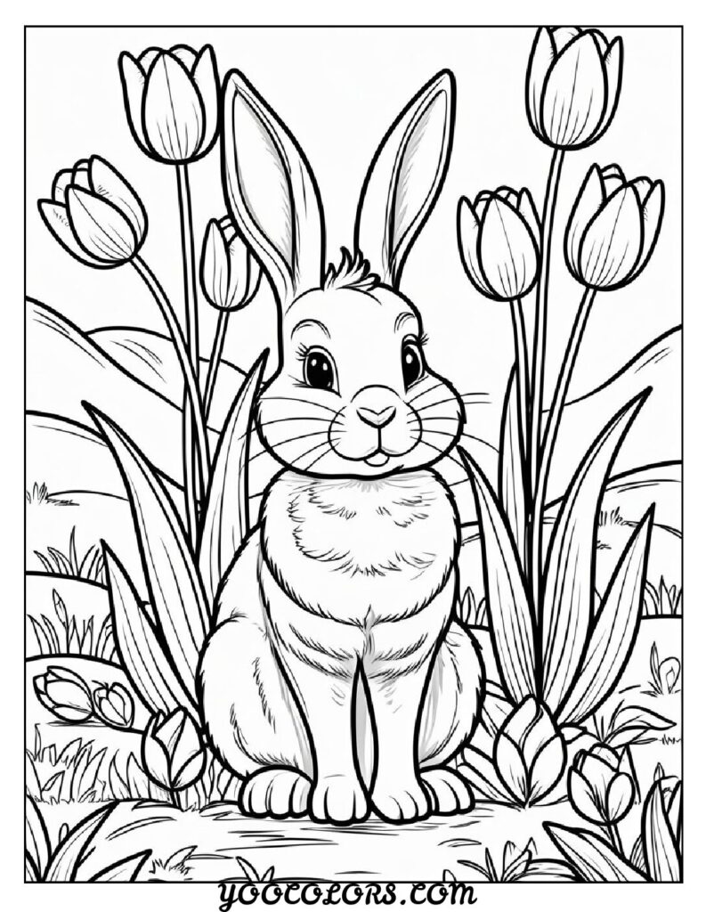Bunny Coloring Page: Free Printable Cute, Realistic, and Easter-Themed Sheets for All Ages 21 bunny coloring pages Bunny and Tulip Spring Scene pdf