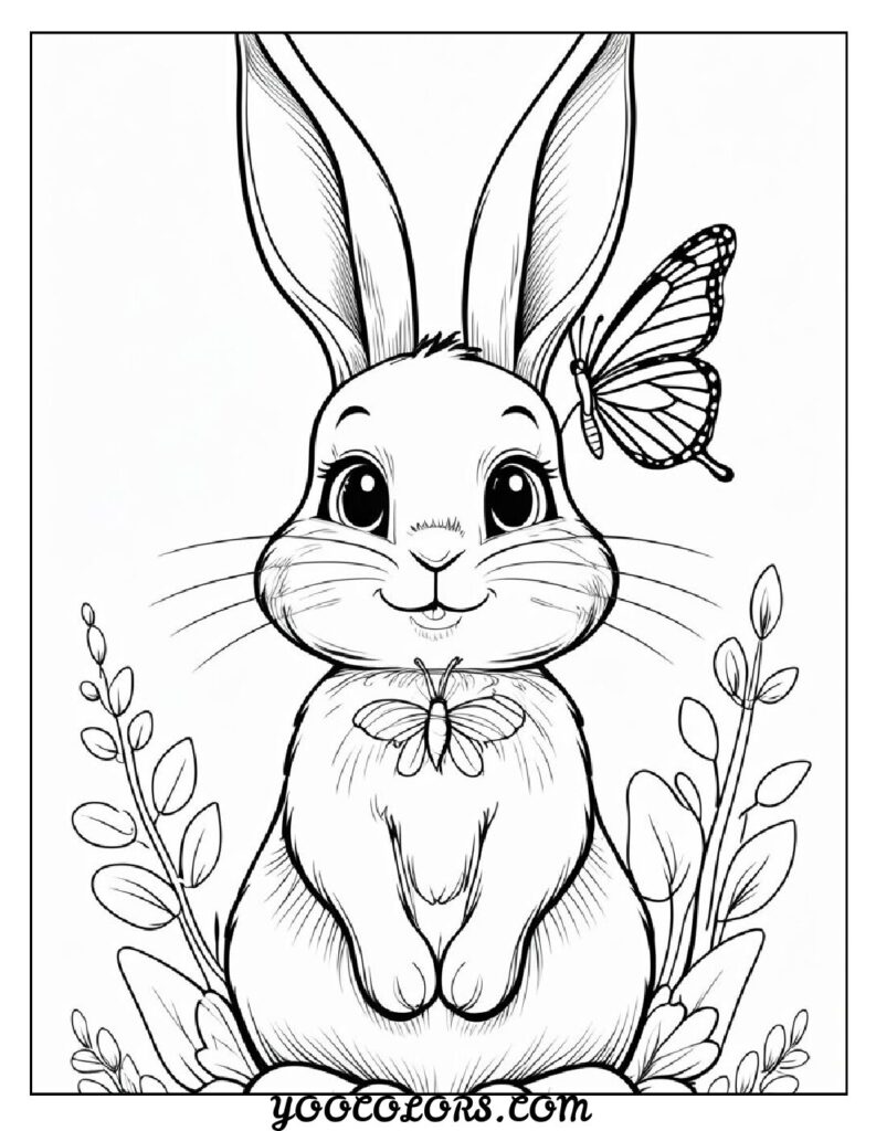 Bunny Coloring Page: Free Printable Cute, Realistic, and Easter-Themed Sheets for All Ages 14 bunny coloring pages Bunny with Butterfly on Nose pdf