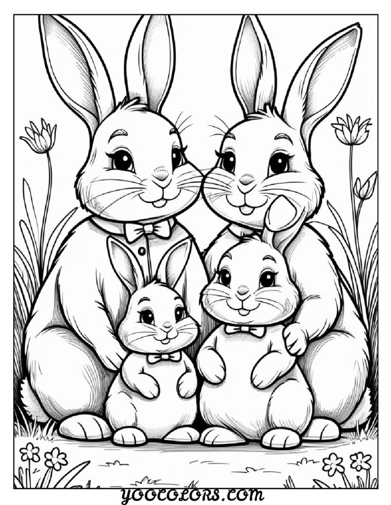 Bunny Coloring Page: Free Printable Cute, Realistic, and Easter-Themed Sheets for All Ages 9 bunny coloring pages The bunny family portrait features a group of bunnies together pdf