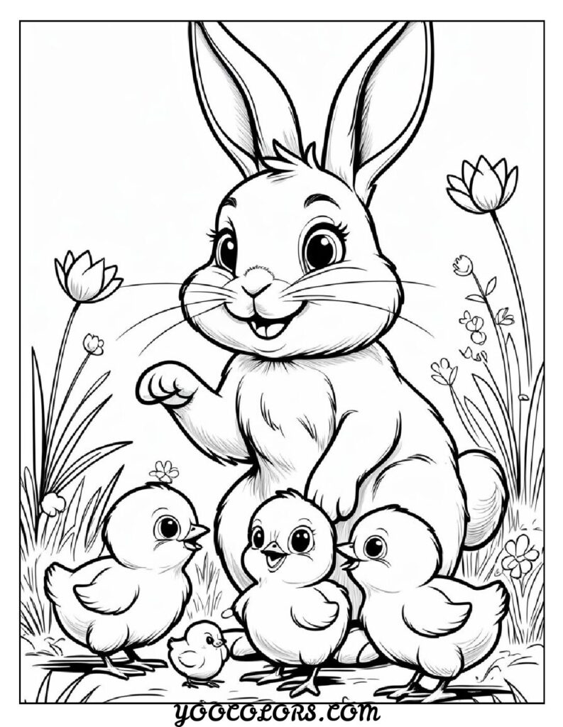 Bunny Coloring Page: Free Printable Cute, Realistic, and Easter-Themed Sheets for All Ages 18 bunny coloring pasges Bunny Playing with Chicks pdf