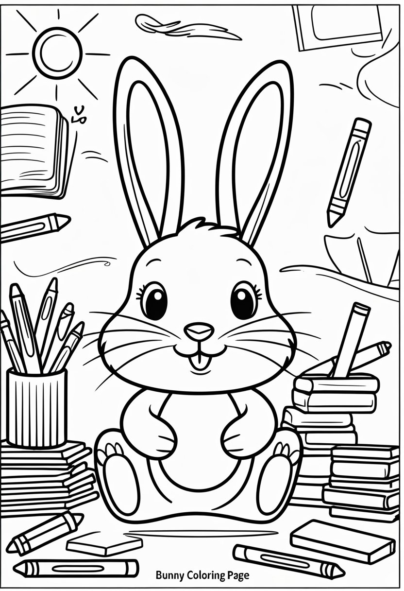 Bunny Coloring Page: Free Printable Cute, Realistic, and Easter-Themed Sheets for All Ages 23 A bunny surrounded by books, crayons, paintbrushes, and building blocks in a playful scene.