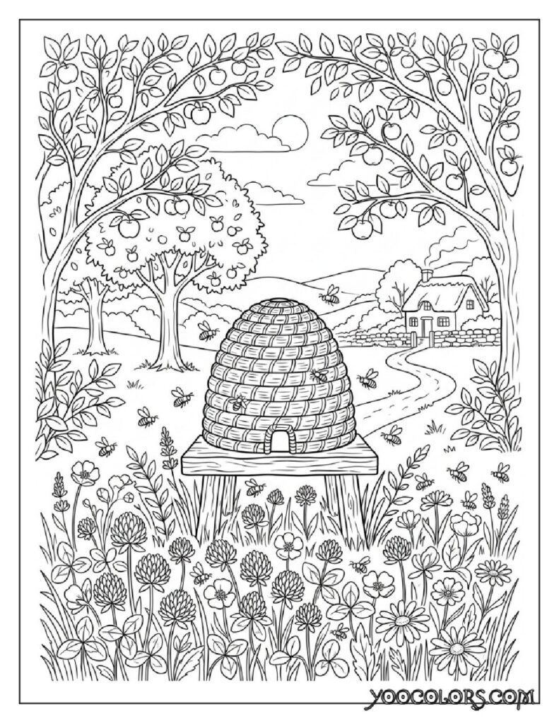 65+ Beautiful Cottagecore Coloring Pages for Relaxation and Creativity 21 Beehive in orchard coloring page 202608191352 1 pdf