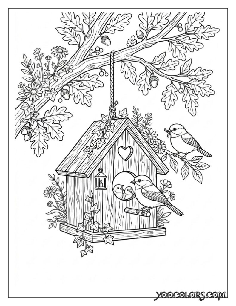65+ Beautiful Cottagecore Coloring Pages for Relaxation and Creativity 9 Birds in hanging wooden birdhouse 202608191352 pdf