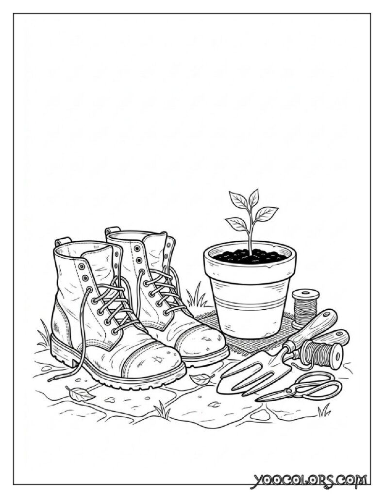 65+ Beautiful Cottagecore Coloring Pages for Relaxation and Creativity 8 Boots and gardening tools coloring 202608191352 pdf