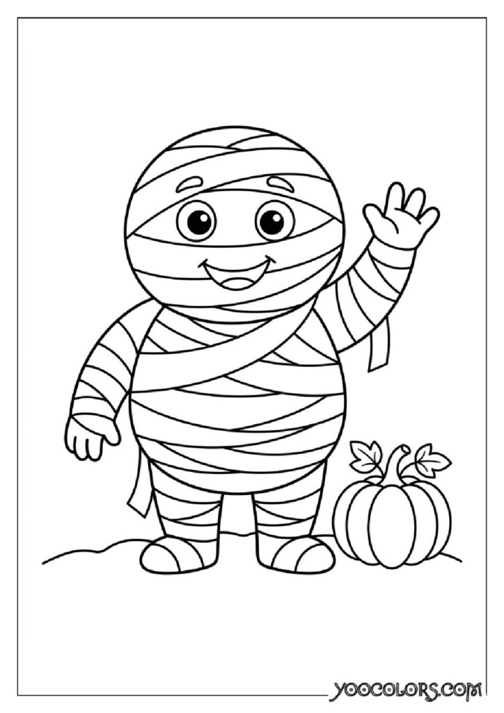 28 Halloween Coloring Pages for Fun and Creative Festive Activities 15 Cartoon mummy waving near pumpkin 202608151344 pdf