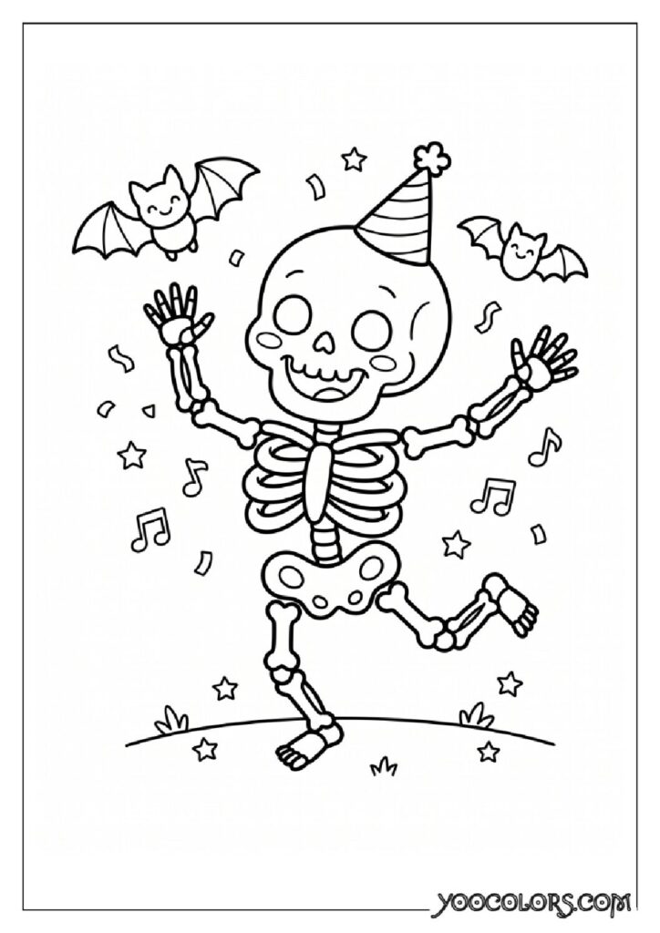28 Halloween Coloring Pages for Fun and Creative Festive Activities 4 Cartoon skeleton dancing with bats 202608151343 pdf