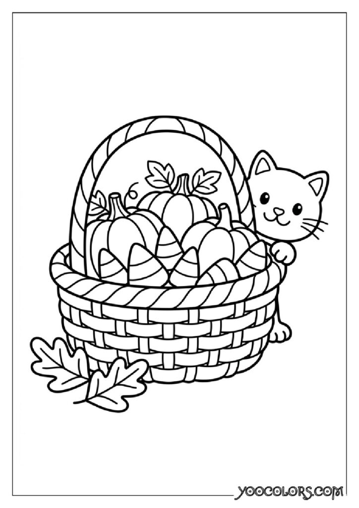 28 Halloween Coloring Pages for Fun and Creative Festive Activities 3 Cat peeking behind pumpkin basket 202608151342 pdf