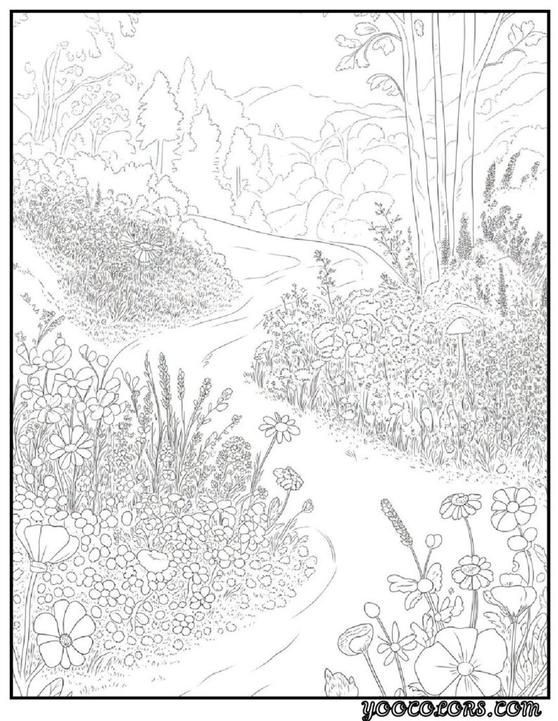 65+ Beautiful Cottagecore Coloring Pages for Relaxation and Creativity 58 Cottagecore Coloring Pages Blooming Wildflowers and Forest Paths pdf