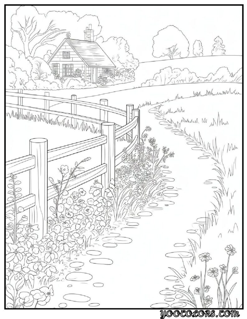 65+ Beautiful Cottagecore Coloring Pages for Relaxation and Creativity 73 Cottagecore Coloring Pages Country Pathway and Fence Coloring Pages pdf