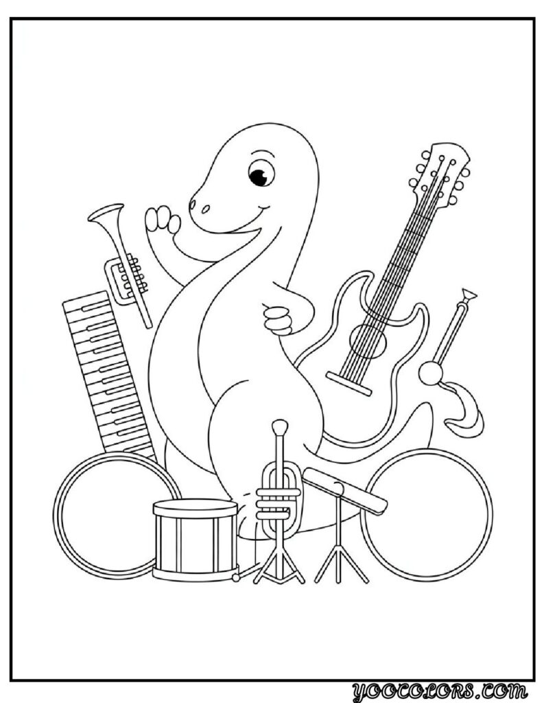 Cute Dinosaur Coloring Pages for Kids: 20 Fun and Easy Designs 23 Cute Dinosaur Coloring Pages Dinosaur with musical instruments pdf
