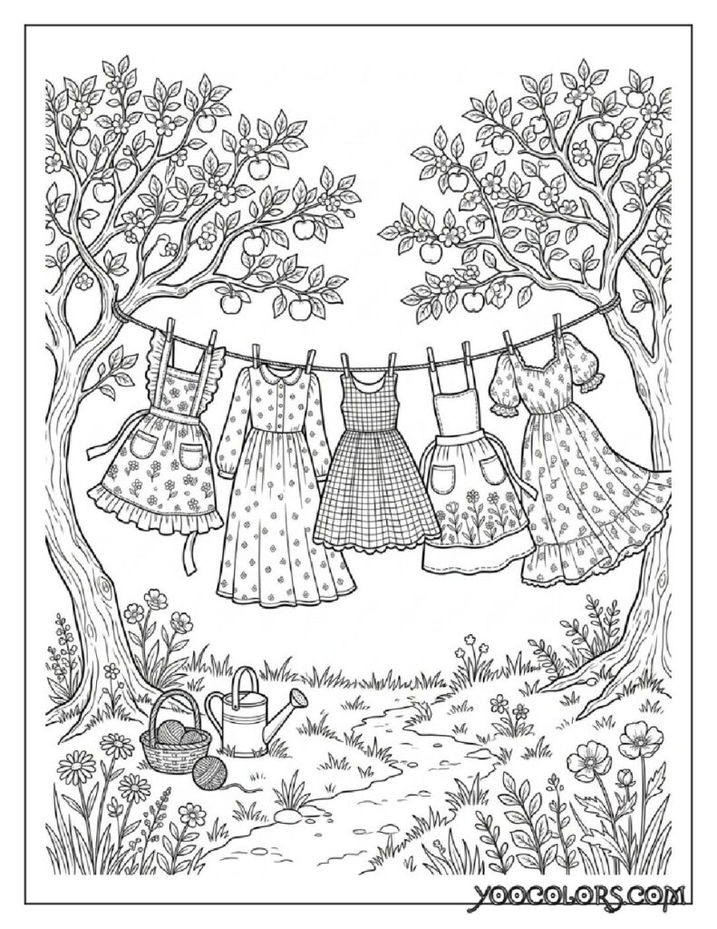 65+ Beautiful Cottagecore Coloring Pages for Relaxation and Creativity 19 Dresses drying on clothesline 202608191352 pdf