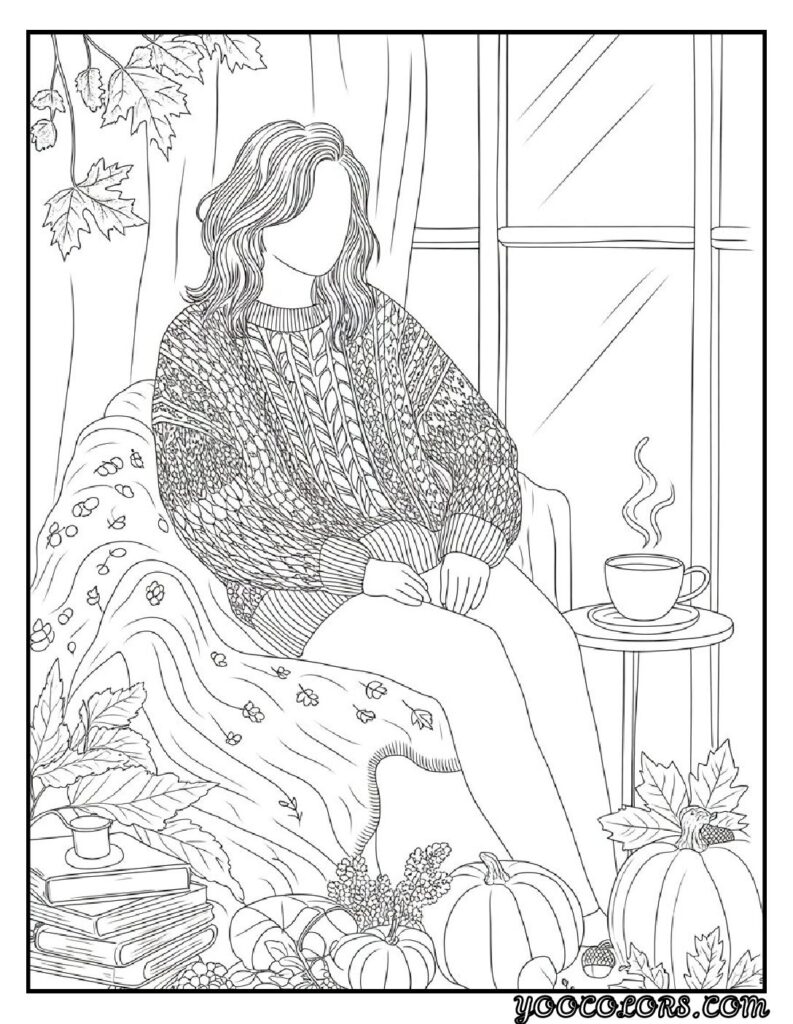 20 Free Fall Coloring Pages to Inspire Creativity This Season 8 Free Fall Coloring Pages Cozy fall sweater scene pdf