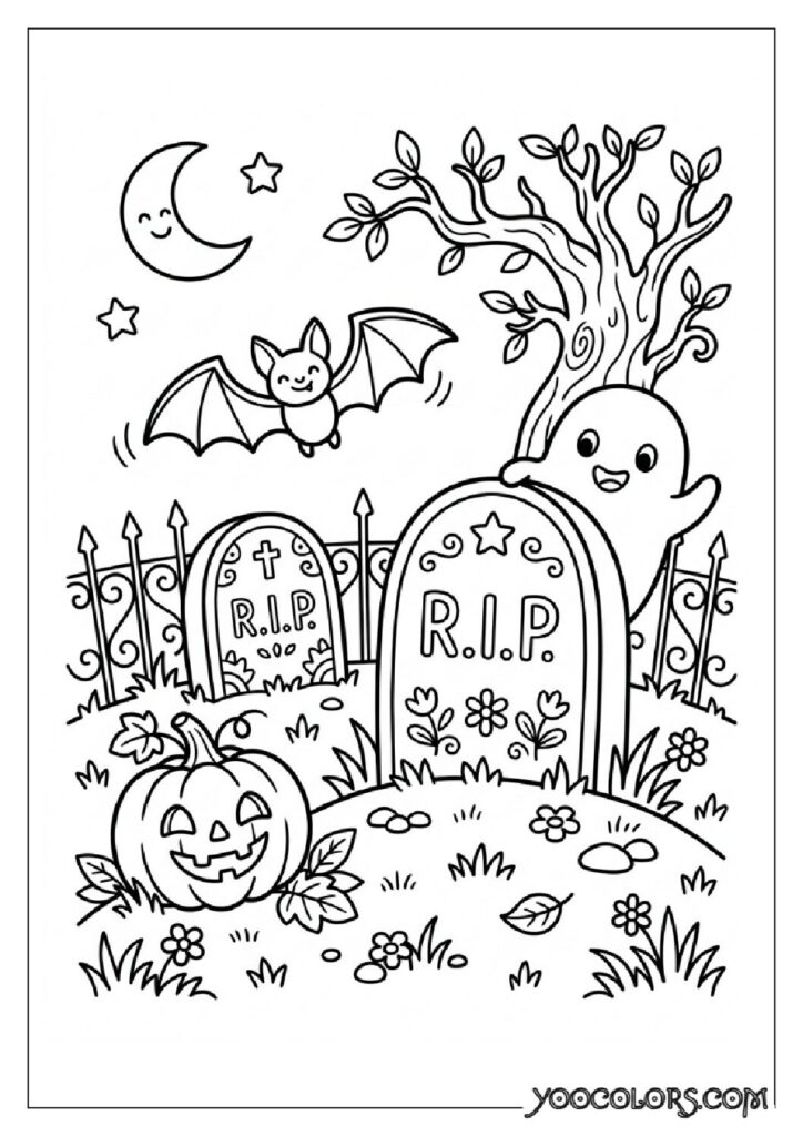 28 Halloween Coloring Pages for Fun and Creative Festive Activities 7 Ghost peeking behind tombstone 202608151343 pdf