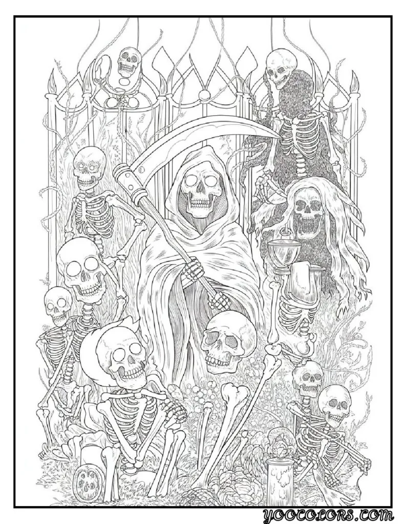 Gothic Coloring Pages for Adults: Top 20 Designs to Download as PDF and Png Files. 15 Gothic coloring pages Grim Reaper and Skeleton Figures pdf