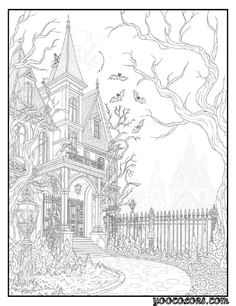 Gothic Coloring Pages for Adults: Top 20 Designs to Download as PDF and Png Files. 8 Gothic coloring pages Haunted Mansion Scenes pdf