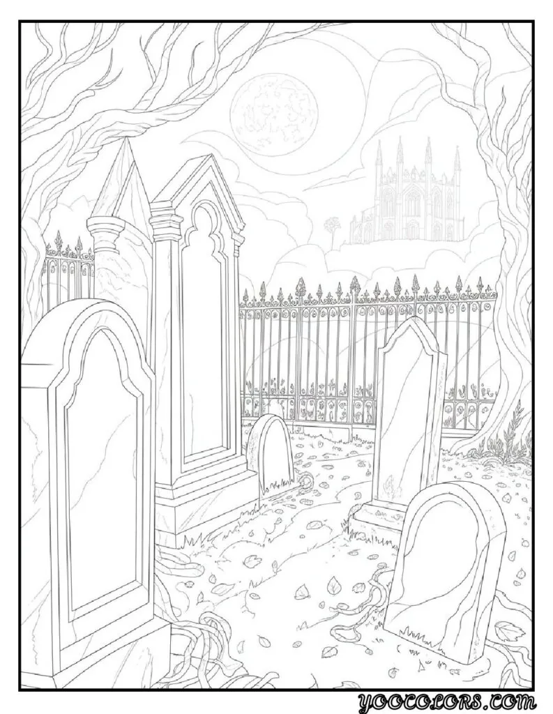 Gothic Coloring Pages for Adults: Top 20 Designs to Download as PDF and Png Files. 17 Gothic coloring pages Moonlit Gothic Graveyard Scenes pdf
