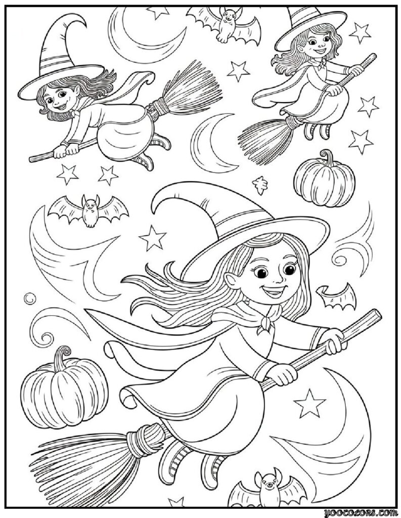 Halloween Coloring Pages Cute Collection of 20 Fun and Easy Designs 5 Halloween Coloring Pages Cheerful witches on broomsticks pdf