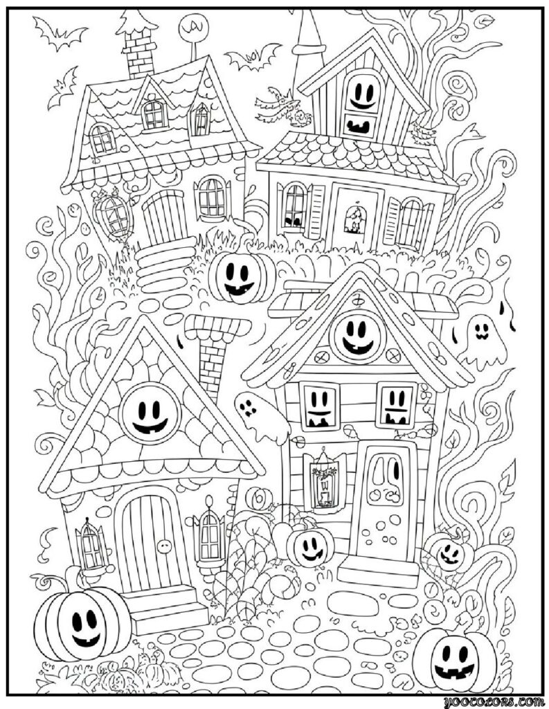 Halloween Coloring Pages Cute Collection of 20 Fun and Easy Designs 14 Halloween Coloring Pages Cute Cute haunted houses with smiling windows pdf