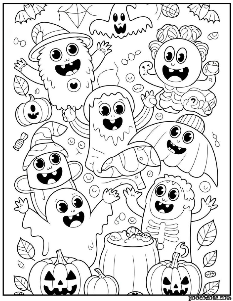 Halloween Coloring Pages Cute Collection of 20 Fun and Easy Designs 13 Halloween Coloring Pages Cute Happy monsters in Halloween costumes pdf