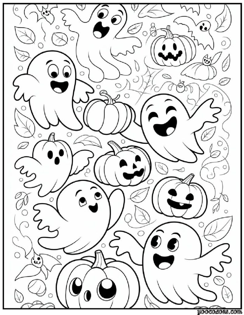Halloween Coloring Pages Cute Collection of 20 Fun and Easy Designs 21 Halloween Coloring Pages Cute Playful ghosts holding pumpkins pdf