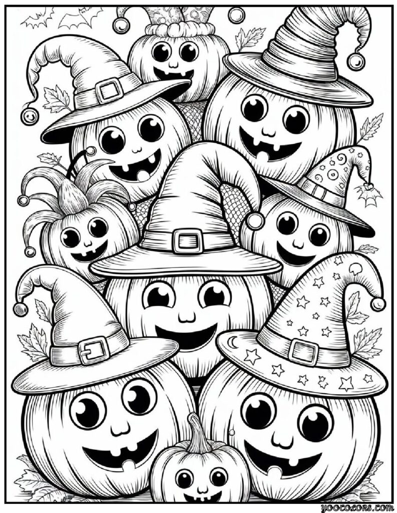 Halloween Coloring Pages Cute Collection of 20 Fun and Easy Designs 18 Halloween Coloring Pages Cute Pumpkins wearing funny hats pdf