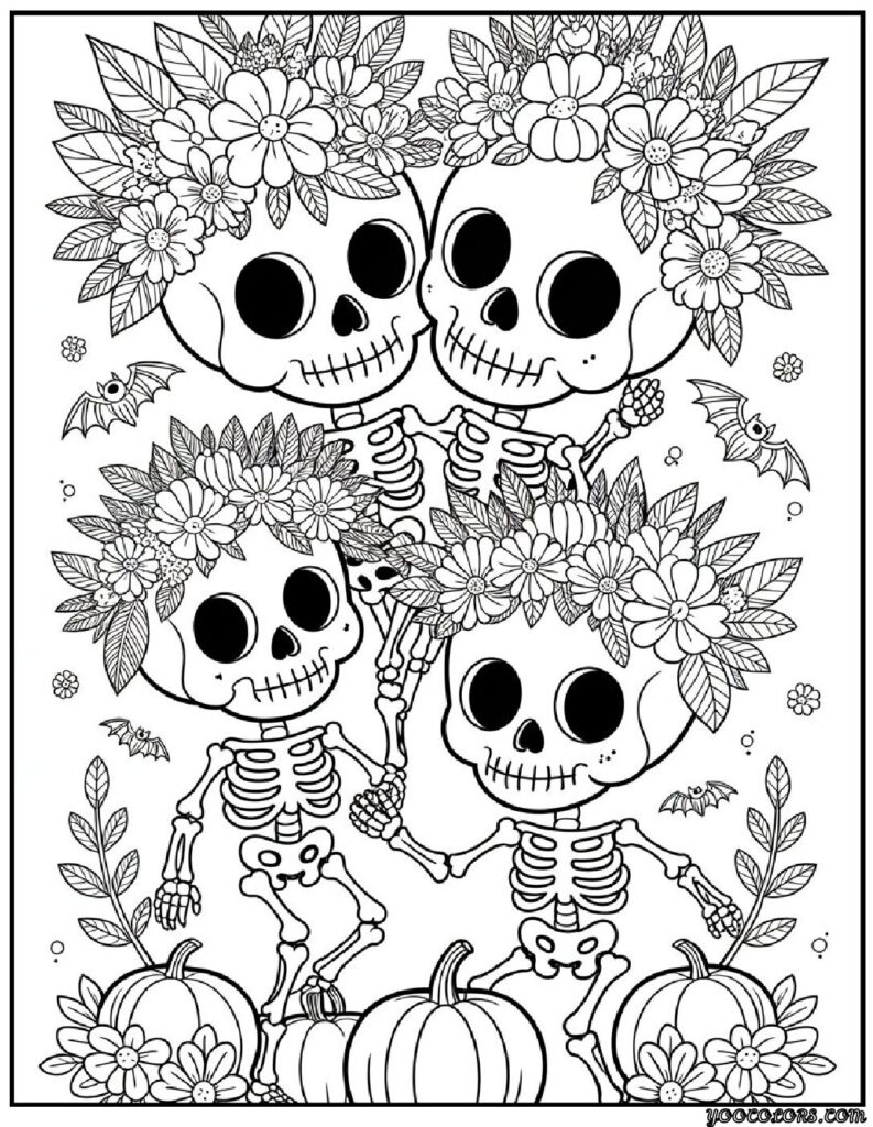 Halloween Coloring Pages Cute Collection of 20 Fun and Easy Designs 11 Halloween Coloring Pages Cute Sweet skeletons with flower crowns pdf