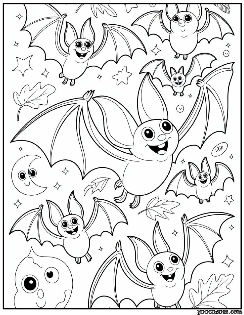Halloween Coloring Pages Cute Collection of 20 Fun and Easy Designs 10 Halloween Coloring Pages CuteHappy bats flying in groups pdf