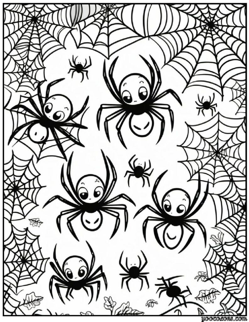 Halloween Coloring Pages for Kids Featuring 16 Cute and Friendly Characters and Scenes 14 Halloween Coloring Pages for Kids Cartoon Spiders and Webs pdf