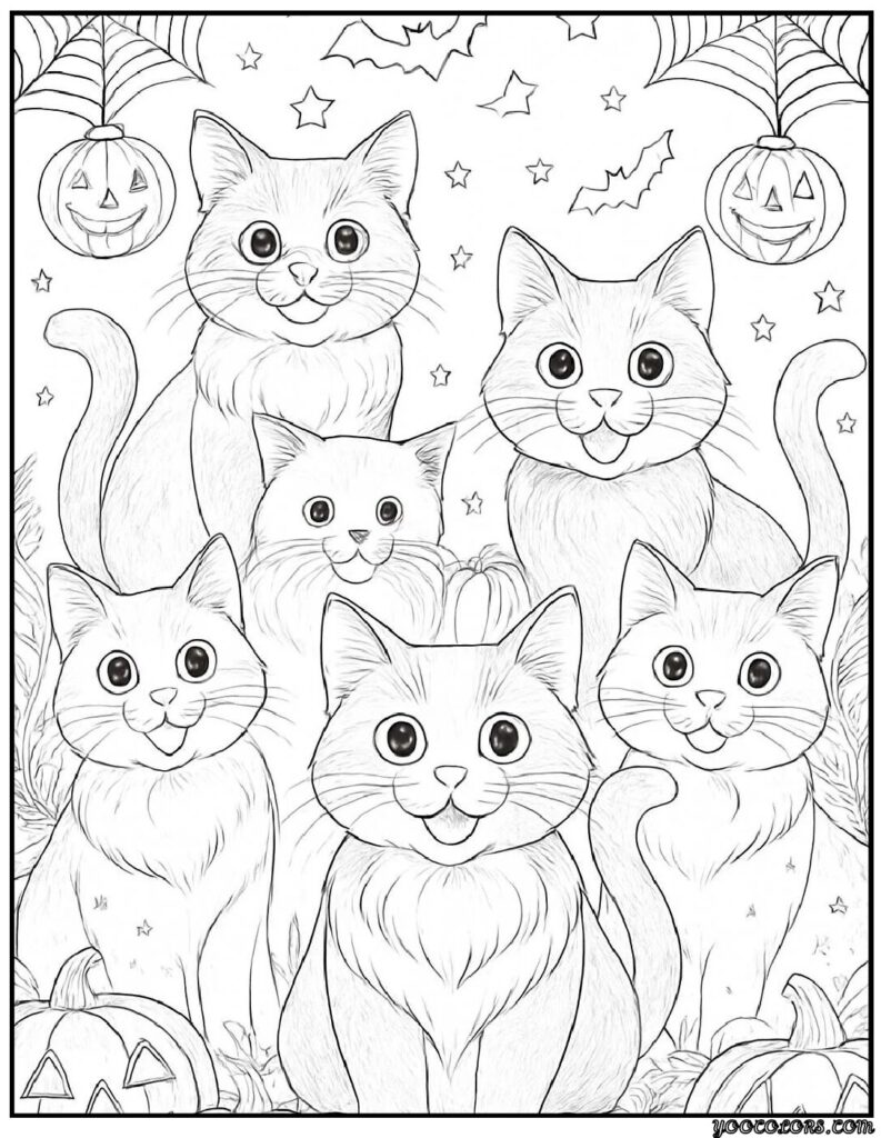Halloween Coloring Pages for Kids Featuring 16 Cute and Friendly Characters and Scenes 4 Halloween Coloring Pages for Kids Happy Black Cats with Big Eyes pdf