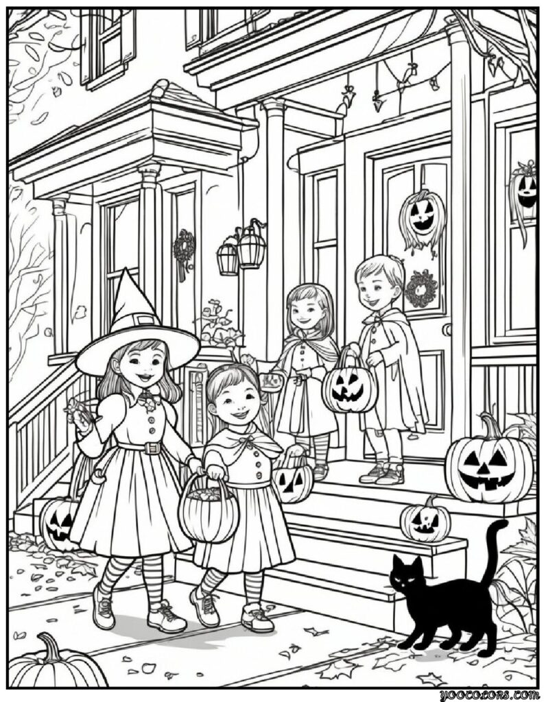 Halloween Coloring Pages for Kids Featuring 16 Cute and Friendly Characters and Scenes 10 Halloween Coloring Pages for Kids Kids Trick or Treating Scene pdf