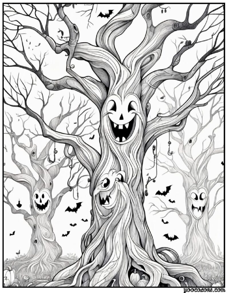 Halloween Coloring Pages for Kids Featuring 16 Cute and Friendly Characters and Scenes 13 Halloween Coloring Pages for Kids Spooky Trees with Smiling Faces pdf