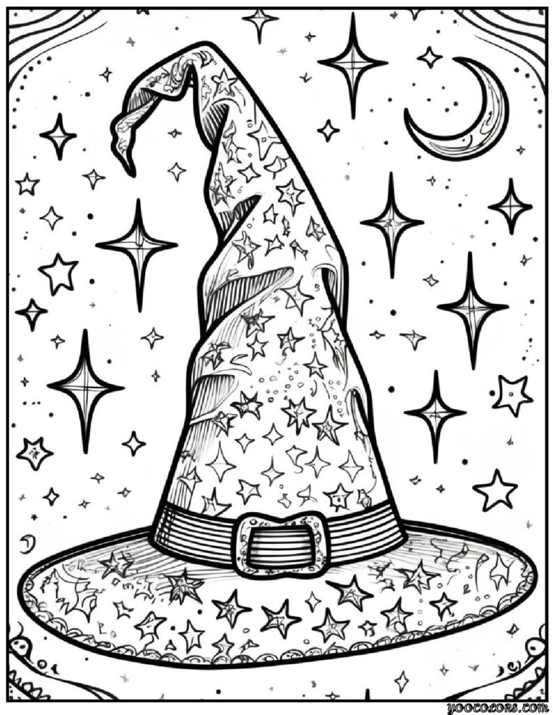 Halloween Coloring Pages for Kids Featuring 16 Cute and Friendly Characters and Scenes 15 Halloween Coloring Pages for Kids Witchs Hat with Stars and Moons pdf