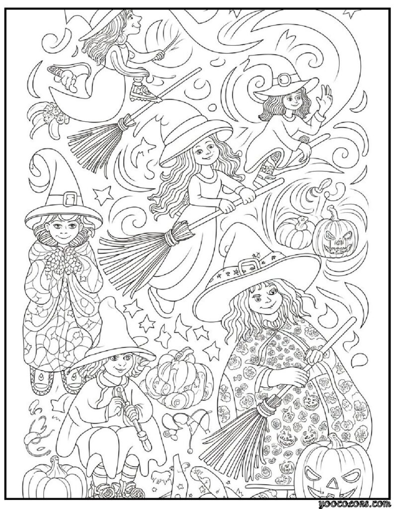 Halloween Coloring Pages Printable Featuring Classic Icons and Spooky Fun for All Ages 4 Halloween coloring pages printable Witches coloring page with hats and brooms pdf