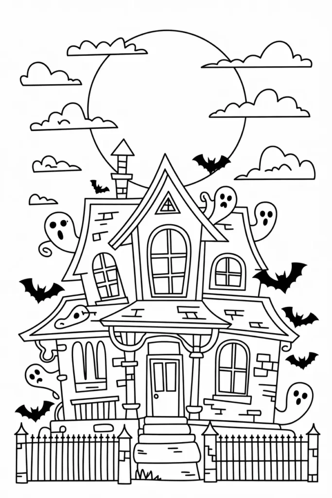 Halloween Coloring Pages Ghost: Free Printables for Kids & Adults 18 Haunted house with ghosts