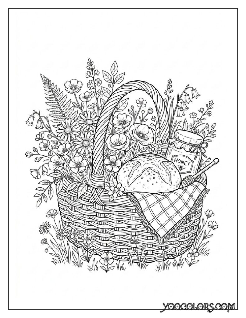 65+ Beautiful Cottagecore Coloring Pages for Relaxation and Creativity 4 Picnic basket with flowers and 202608191352 pdf