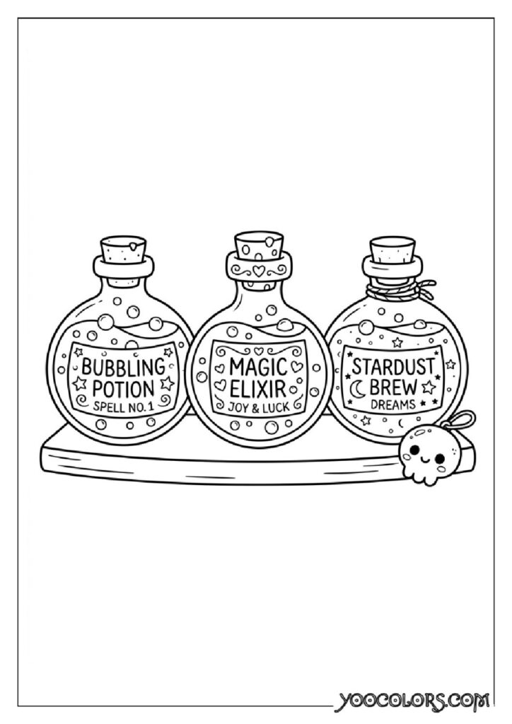 28 Halloween Coloring Pages for Fun and Creative Festive Activities 11 Potion bottles line art scene 202608151343 pdf