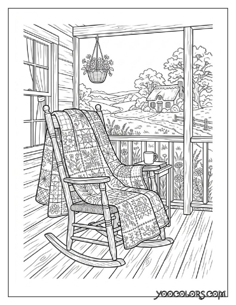65+ Beautiful Cottagecore Coloring Pages for Relaxation and Creativity 18 Quilt on rocking chair 202608191352 pdf