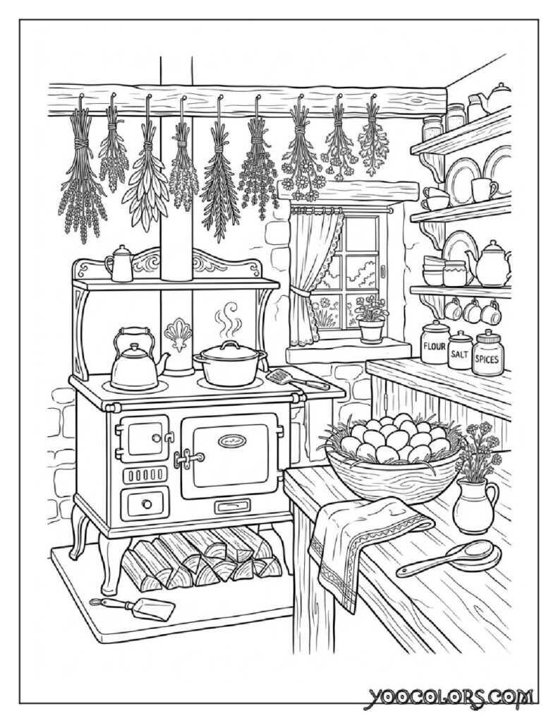 65+ Beautiful Cottagecore Coloring Pages for Relaxation and Creativity 3 Rustic kitchen line art coloring… 202608191352 pdf