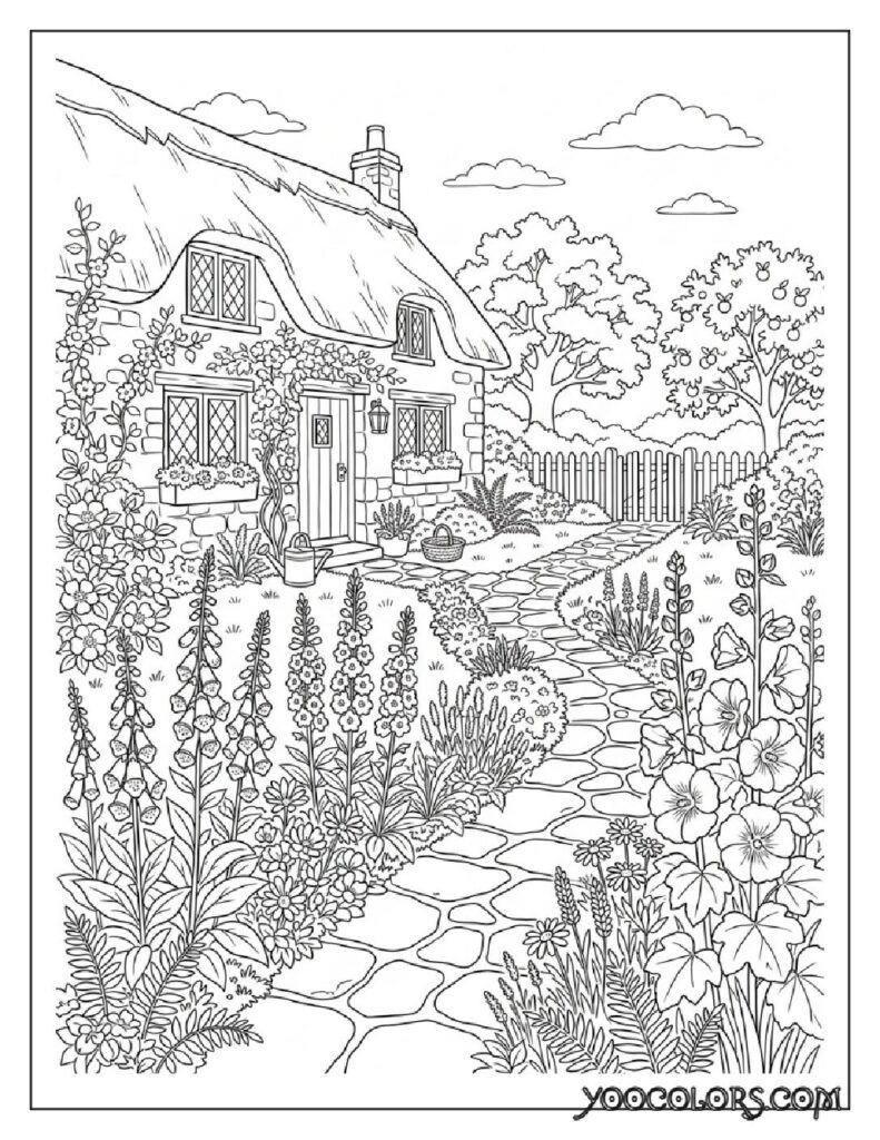 65+ Beautiful Cottagecore Coloring Pages for Relaxation and Creativity 16 Stone path through garden flowers 202608191352 pdf