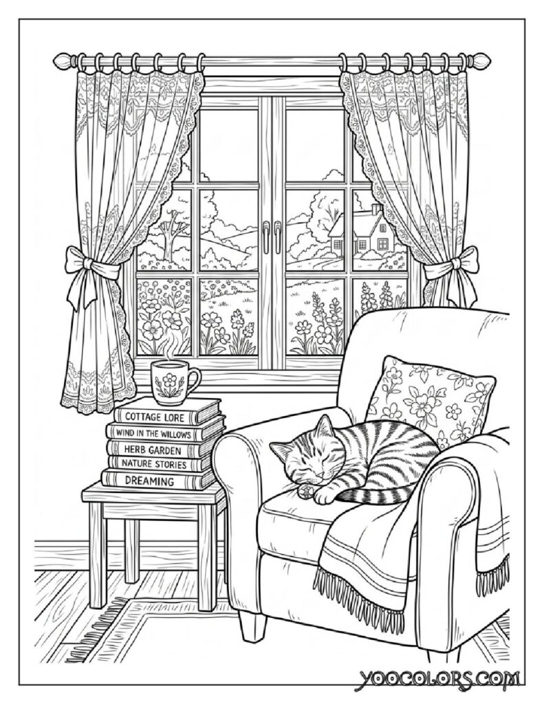 65+ Beautiful Cottagecore Coloring Pages for Relaxation and Creativity 15 Tabby cat sleeping in nook 202608191352 pdf