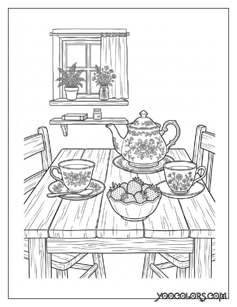65+ Beautiful Cottagecore Coloring Pages for Relaxation and Creativity 12 Teapot and teacups on table 202608191352 pdf